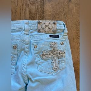 Miss Me Girls Icy Blue Jeans Rhinestones Cross sz 12 EUC
